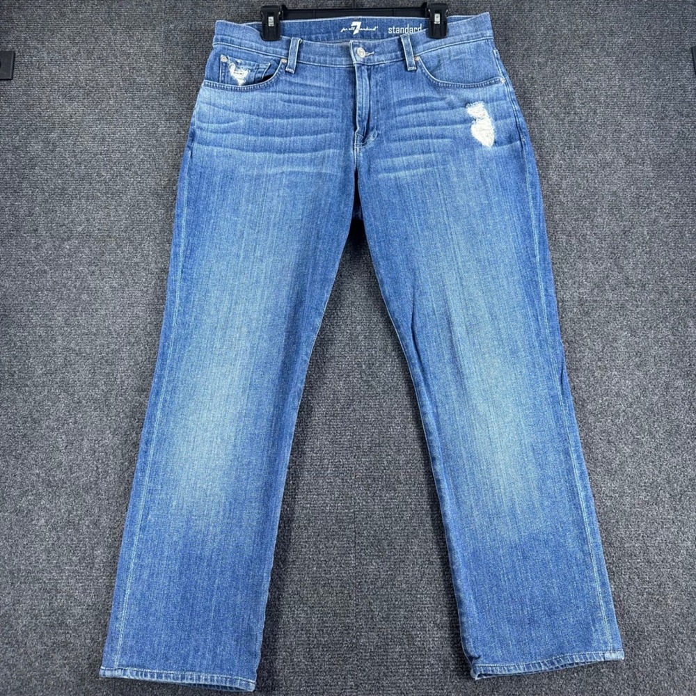 7 For All Mankind Jeans Mens 33 Blue Standard Straight Leg Distressed Denim‎